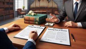 Illustration of the difference between lasting and enduring power of attorney. The scene shows a lawyer's office with two documents side by side labeled 'Lasting Power of Attorney' and 'Enduring Power of Attorney.' A lawyer is explaining these documents to an attentive client. The desk has legal documents, a pen, and a notepad. The background features law books and a computer, creating an organized and professional atmosphere