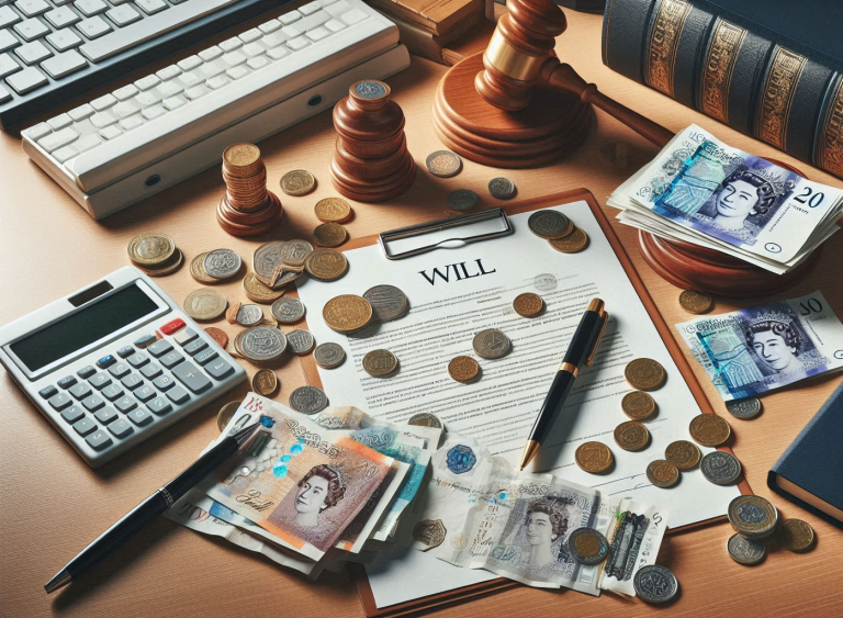 Illustration of the cost of creating a will in the UK. The scene shows a lawyer's office with a document representing a will on a wooden desk, surrounded by UK banknotes and coins to signify cost