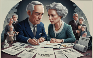 An elderly couple consulting with an advisor and reviewing documents related to estate planning, last will and testament, and inheritance tax planning, surrounded by smaller figures representing different stages of life and family members.