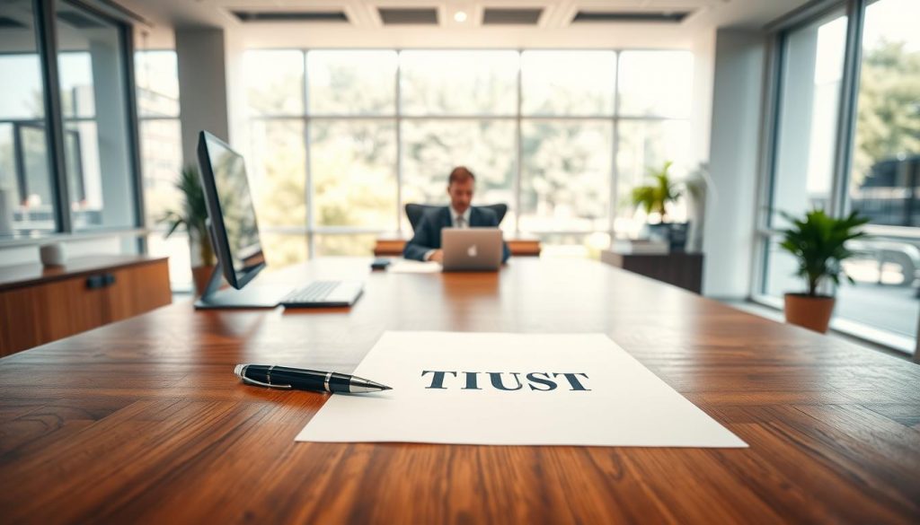 A bright, well-lit office interior with a large wooden desk in the foreground. On the desk, a computer, a pen, and a stack of documents symbolizing the creation of a trust. In the middle ground, a person sitting at the desk, looking focused and engaged in their work. The background features floor-to-ceiling windows, allowing natural light to flood the space and create a sense of openness and transparency. The overall scene conveys a professional, trustworthy, and reliable atmosphere, reflecting the advantages of having a trust as part of one's estate planning. A bright, well-lit office interior with a large wooden desk in the foreground. On the desk, a computer, a pen, and a stack of documents symbolizing the creation of a trust. In the middle ground, a person sitting at the desk, looking focused and engaged in their work. The background features floor-to-ceiling windows, allowing natural light to flood the space and create a sense of openness and transparency. The overall scene conveys a professional, trustworthy, and reliable atmosphere, reflecting the advantages of having a trust as part of one's estate planning.