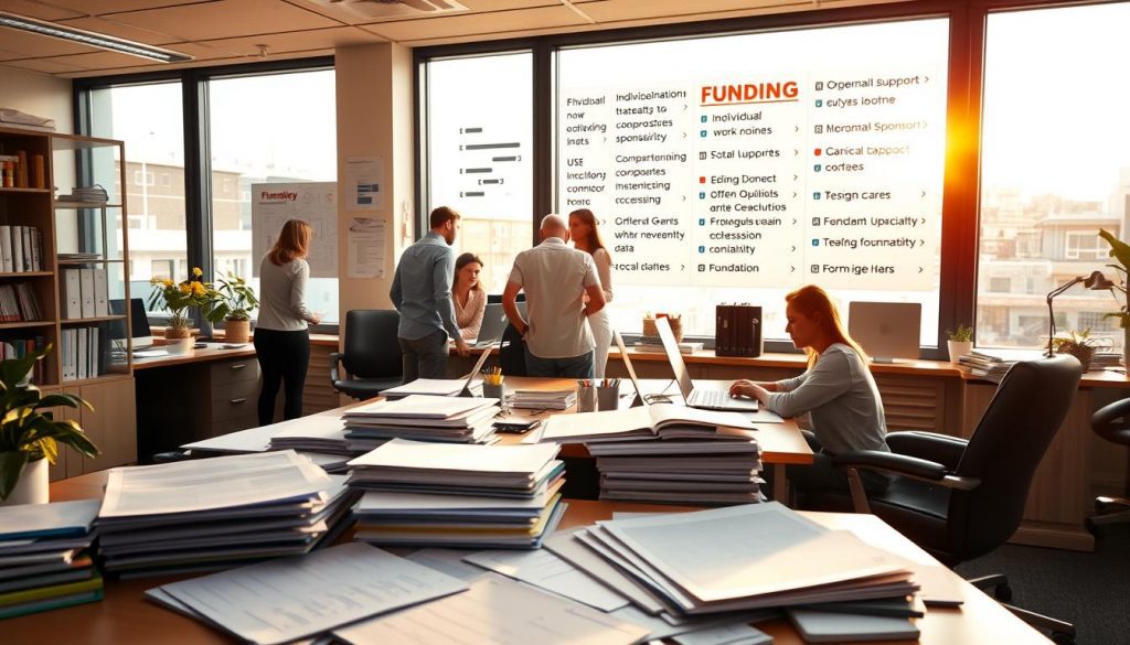 A bustling charity office, awash in warm, natural lighting from large windows. In the foreground, a well-organized desk displays financial documents, spreadsheets, and ledgers, symbolizing the meticulous accounting and transparency of the organization. The middle ground features a team of dedicated professionals collaborating on funding strategies, analyzing donor data, and planning fundraising initiatives. In the background, a wall-mounted display showcases various funding sources, including individual donations, corporate sponsorships, government grants, and foundation support, reflecting the diverse revenue streams that sustain the charity's mission. The overall atmosphere conveys a sense of purposeful activity, financial responsibility, and a commitment to effective resource allocation.