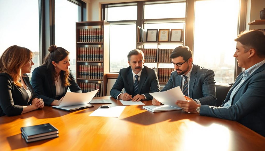 A bustling office scene, sunlight streaming through large windows. In the foreground, a team of professionals – an accountant, a lawyer, and a financial advisor – engaged in a collaborative discussion around a polished oak table. Their expressions are serious yet attentive, as they review documents and offer thoughtful insights. The middle ground features shelves of law books and framed certificates, conveying an atmosphere of expertise and authority. In the background, a view of the city skyline, suggesting the gravity and importance of the trust registration process. The lighting is warm and inviting, creating a sense of professionalism and trust.