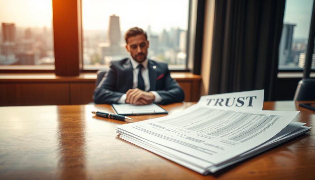 A bustling office setting, the foreground features a polished wooden desk with a stack of financial documents and a pen poised over them. In the middle ground, a businessperson in a tailored suit sits at the desk, expression contemplative as they review the trust-related paperwork. The background depicts a panoramic view of a cityscape through large windows, hinting at the broader business landscape. Warm, directional lighting casts subtle shadows, creating a sense of depth and professionalism. The overall mood is one of focused consideration, reflecting the complexities of trust taxation for businesses in the UK. A bustling office setting, the foreground features a polished wooden desk with a stack of financial documents and a pen poised over them. In the middle ground, a businessperson in a tailored suit sits at the desk, expression contemplative as they review the trust-related paperwork. The background depicts a panoramic view of a cityscape through large windows, hinting at the broader business landscape. Warm, directional lighting casts subtle shadows, creating a sense of depth and professionalism. The overall mood is one of focused consideration, reflecting the complexities of trust taxation for businesses in the UK.