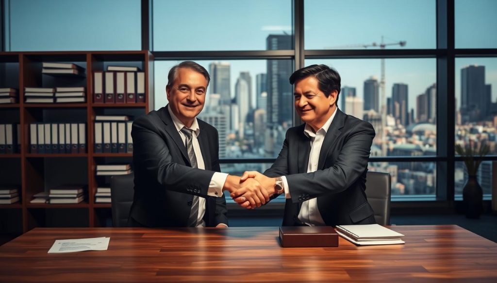A calm, professional atmosphere in a modern office setting. In the foreground, two adults, formally dressed, shake hands over a wooden desk, symbolizing the transfer of property ownership. Behind them, shelves filled with legal documents and binders, conveying the legal and bureaucratic nature of the transaction. Through large windows, the city skyline is visible, with skyscrapers and cranes in the distance, reflecting the commercial context. Soft, indirect lighting illuminates the scene, creating a sense of seriousness and importance. The overall mood is one of trust, formality, and the successful completion of a significant financial and legal process.