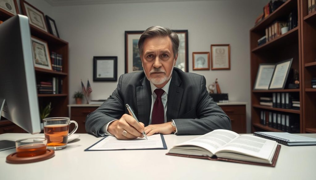 A calm, professional setting with a middle-aged person signing legal documents at a desk, surrounded by a well-organized office environment. Soft, diffused lighting illuminates the scene, creating a sense of focus and gravity. The desk is neatly arranged with a computer, stationery, and a cup of tea, conveying a sense of diligence. Bookshelves and framed certificates line the walls, suggesting the authority and expertise of the setting. The person's expression is serious yet reassuring, reflecting the importance of the power of attorney process. A calm, professional setting with a middle-aged person signing legal documents at a desk, surrounded by a well-organized office environment. Soft, diffused lighting illuminates the scene, creating a sense of focus and gravity. The desk is neatly arranged with a computer, stationery, and a cup of tea, conveying a sense of diligence. Bookshelves and framed certificates line the walls, suggesting the authority and expertise of the setting. The person's expression is serious yet reassuring, reflecting the importance of the power of attorney process.