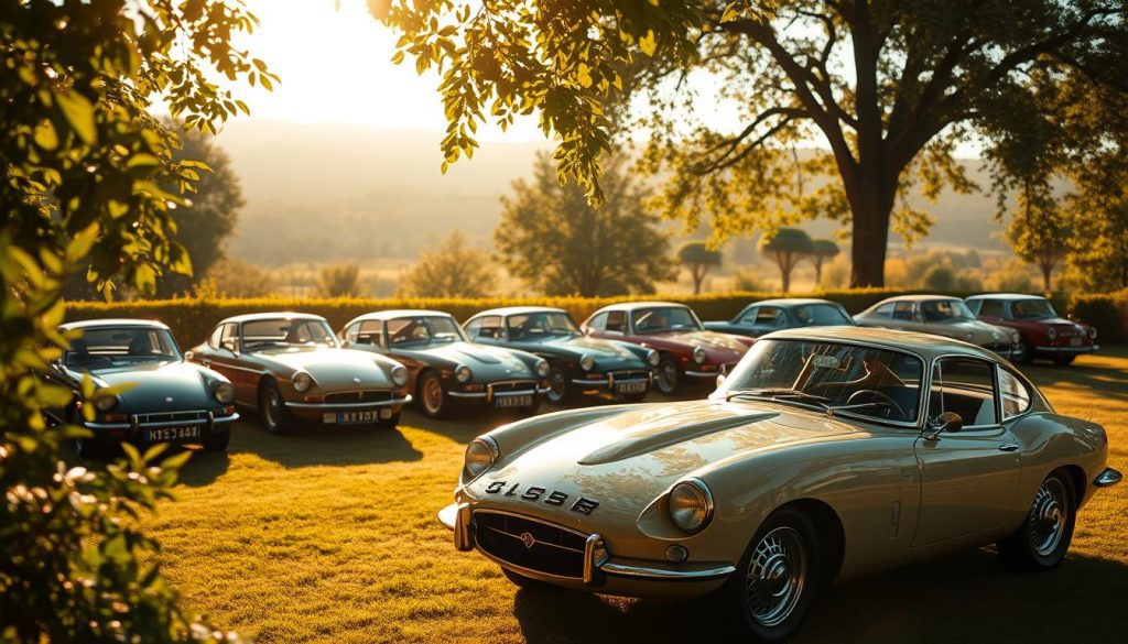 A classic car collection nestled in a sprawling estate, bathed in warm, golden sunlight filtering through verdant foliage. In the foreground, a meticulously-restored 1960s sports car gleams, its chrome trim catching the light. In the middle ground, a row of vintage sedans and coupes stand in silent testament to the passage of time. The background fades into a blurred, dreamlike landscape, hinting at the wealth and legacy associated with such a collection. The scene evokes a sense of timeless elegance and the weight of inheritance, as if these cars are not merely possessions, but treasured family heirlooms. A classic car collection nestled in a sprawling estate, bathed in warm, golden sunlight filtering through verdant foliage. In the foreground, a meticulously-restored 1960s sports car gleams, its chrome trim catching the light. In the middle ground, a row of vintage sedans and coupes stand in silent testament to the passage of time. The background fades into a blurred, dreamlike landscape, hinting at the wealth and legacy associated with such a collection. The scene evokes a sense of timeless elegance and the weight of inheritance, as if these cars are not merely possessions, but treasured family heirlooms.