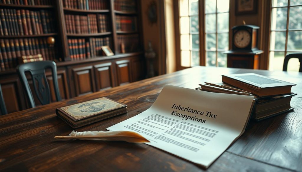 A classic wooden table with antique books, a quill pen, and a document titled "Inheritance Tax Exemptions" lying open. The room is bathed in warm, diffused lighting from a large window, creating a contemplative atmosphere. In the background, a bookshelf filled with leather-bound volumes and a timepiece on a mantel add a sense of timelessness. The image conveys the idea of researching and understanding the complex regulations surrounding inheritance tax-free allowances.