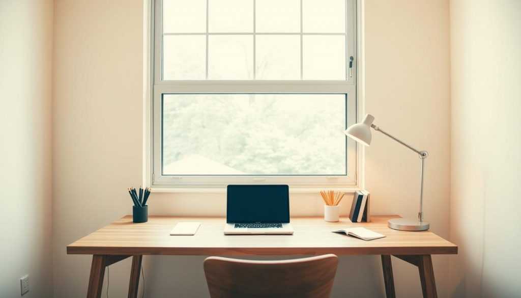 A clean, minimalist setup with a simple wooden desk, a laptop, and a few essential office supplies. The desk is placed in front of a large window, allowing natural light to fill the room. The walls are painted a soft, neutral color, creating a calming and focused atmosphere. The lighting is warm and indirect, with a sleek desk lamp providing a subtle glow. The overall composition conveys a sense of organization, efficiency, and an environment conducive to thoughtful work on establishing trust objectives.