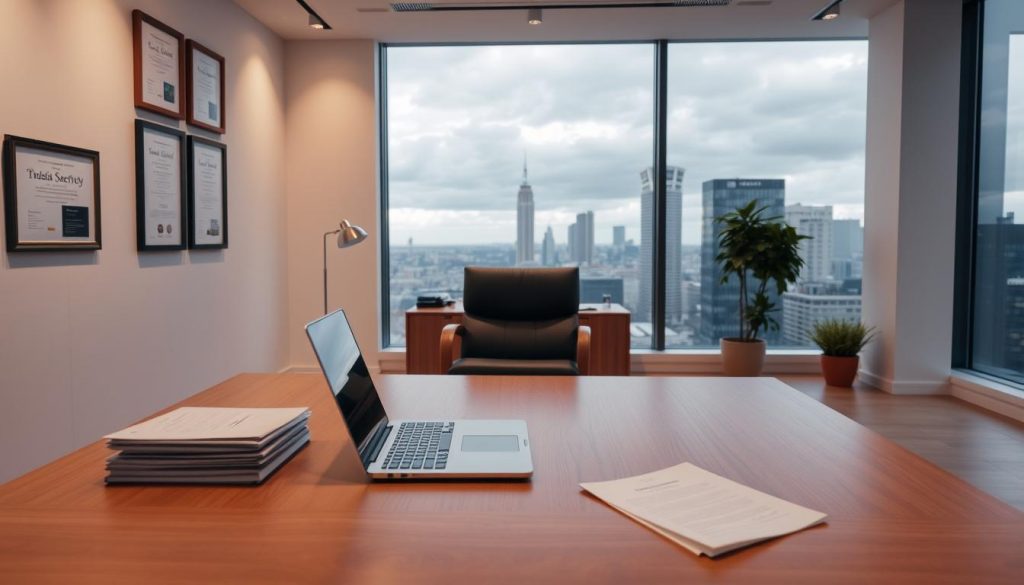 A clean, modern office interior with a large wooden desk, a sleek chrome laptop, and a stack of documents. The walls are decorated with framed certificates and awards, hinting at the professional expertise within. Soft, diffused lighting creates a warm, authoritative atmosphere, while a large window provides a panoramic view of the city skyline outside. A sense of trust, security, and attention to detail permeates the scene, reflecting the careful administration of assets within a UK-based trust.