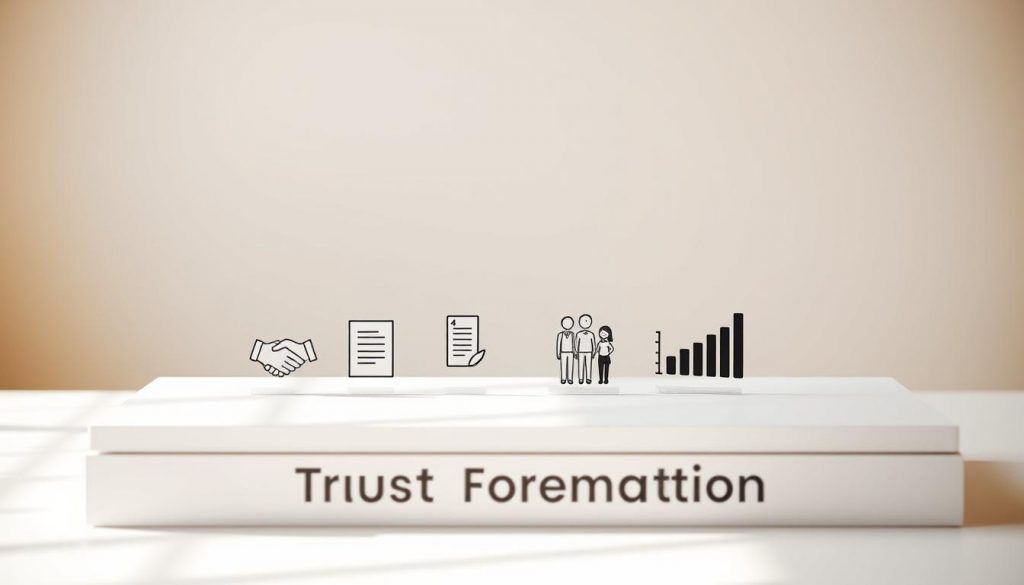 A clean, white table against a soft, blurred background. On the table, a series of simple icons representing the steps of trust formation: a handshake, a legal document, a family silhouette, and a financial chart. Warm, natural lighting illuminates the scene, creating a sense of clarity and trust. The composition is balanced and minimalist, focusing the viewer's attention on the core elements of the trust formation process.