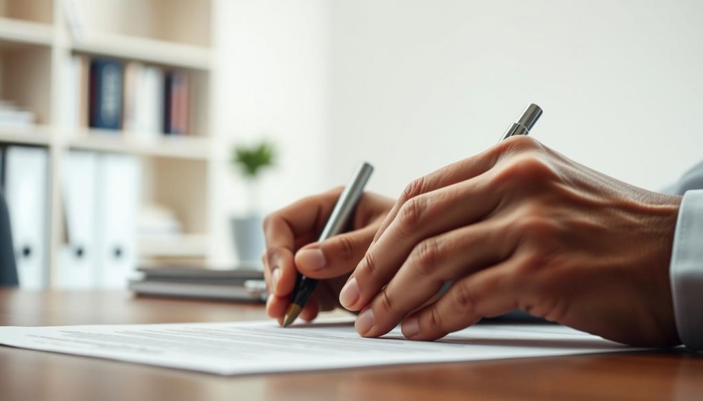 A close-up shot of a person's hands signing a legal document, with a bright, professional-looking office desk and bookshelf in the background. The document is clearly labeled "Lasting Power of Attorney UK". The lighting is soft and neutral, creating a serious yet approachable atmosphere. The composition emphasizes the importance and gravity of the legal process, with the hands taking center stage. The overall tone conveys a sense of care, responsibility, and attention to detail in the financial decision-making process.