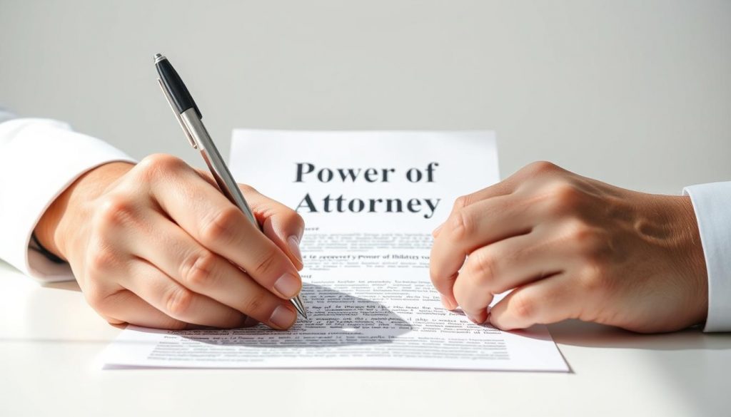A close-up view of two adult hands signing a legal document with "Power of Attorney" written on it, set against a clean, minimalist background. The hands are positioned in the foreground, with natural lighting casting subtle shadows to provide depth and dimension. The document's clean, crisp lines and the individuals' focused expressions convey the serious and legally binding nature of the joint power of attorney. The overall mood is professional, authoritative, and slightly formal, reflecting the gravitas of the subject matter. A close-up view of two adult hands signing a legal document with "Power of Attorney" written on it, set against a clean, minimalist background. The hands are positioned in the foreground, with natural lighting casting subtle shadows to provide depth and dimension. The document's clean, crisp lines and the individuals' focused expressions convey the serious and legally binding nature of the joint power of attorney. The overall mood is professional, authoritative, and slightly formal, reflecting the gravitas of the subject matter.