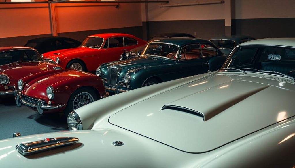 A collection of classic cars in a well-lit garage, their gleaming exteriors and chrome accents capturing the essence of automotive heritage. The vehicles are arranged in a visually striking composition, with a focus on their distinctive silhouettes and iconic design features. The lighting is warm and inviting, casting subtle shadows that accentuate the cars' curves and contours. The background is a mix of muted tones, allowing the vehicles to take center stage and command attention. The overall atmosphere conveys a sense of timeless elegance and the enduring appeal of these classic automotive treasures. A collection of classic cars in a well-lit garage, their gleaming exteriors and chrome accents capturing the essence of automotive heritage. The vehicles are arranged in a visually striking composition, with a focus on their distinctive silhouettes and iconic design features. The lighting is warm and inviting, casting subtle shadows that accentuate the cars' curves and contours. The background is a mix of muted tones, allowing the vehicles to take center stage and command attention. The overall atmosphere conveys a sense of timeless elegance and the enduring appeal of these classic automotive treasures.