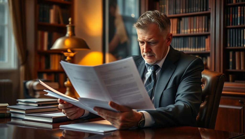 A contemplative tax advisor sits at a mahogany desk, meticulously reviewing documents on inheritance tax planning. Warm lighting from a brass lamp casts a soft glow, creating an atmosphere of focused deliberation. Bookshelves line the walls, hinting at the depth of knowledge needed to navigate this complex financial landscape. The advisor's brow is furrowed, a reflection of the weighty considerations at hand - minimizing tax burden, preserving family wealth, and ensuring a smooth intergenerational transfer. This scene conveys the influential factors that shape exemptions, where expertise, diligence, and strategic thinking are paramount.