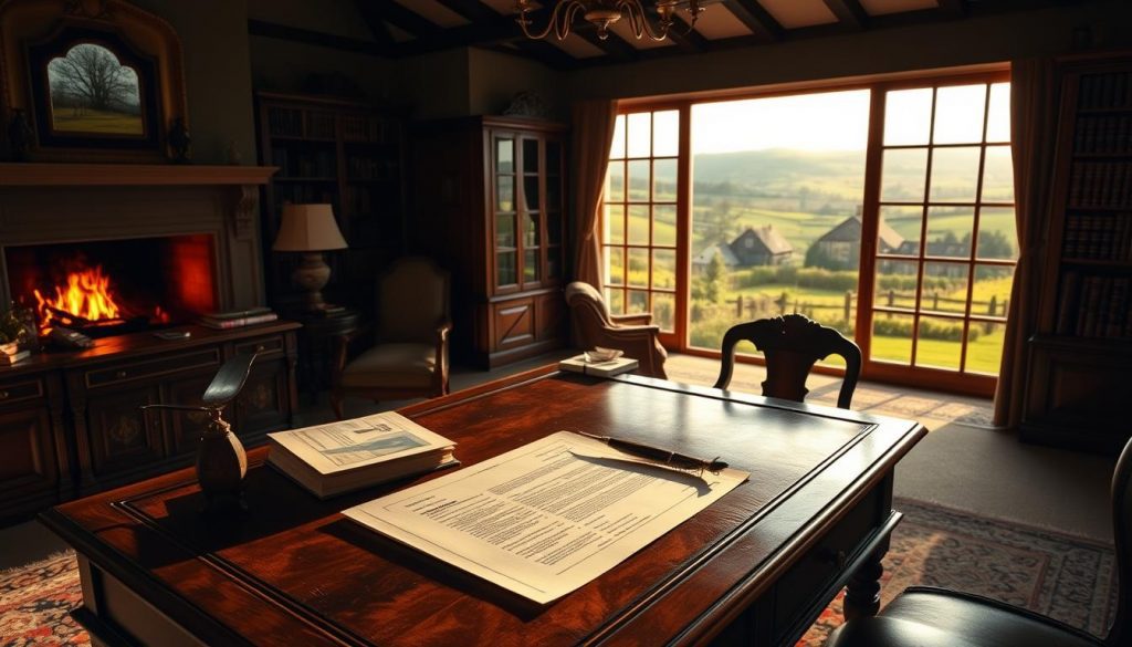 A cozy country estate nestled amidst rolling hills and lush greenery, the sunlight filtering through the windows of a grand manor house. In the foreground, an elegant antique writing desk, its mahogany surface reflecting the warm glow of a crackling fire. On the desk, a stack of documents and a quill pen, hinting at the intricacies of estate planning and inheritance tax strategies. The middle ground reveals a well-appointed study, filled with towering bookshelves and leather-bound tomes, suggesting the depth of knowledge required to navigate these complex financial matters. In the background, a scenic view of the property's expansive grounds, a testament to the value and legacy of the holiday home. The overall atmosphere is one of refined sophistication, conveying the importance of safeguarding one's inheritance through careful planning. A cozy country estate nestled amidst rolling hills and lush greenery, the sunlight filtering through the windows of a grand manor house. In the foreground, an elegant antique writing desk, its mahogany surface reflecting the warm glow of a crackling fire. On the desk, a stack of documents and a quill pen, hinting at the intricacies of estate planning and inheritance tax strategies. The middle ground reveals a well-appointed study, filled with towering bookshelves and leather-bound tomes, suggesting the depth of knowledge required to navigate these complex financial matters. In the background, a scenic view of the property's expansive grounds, a testament to the value and legacy of the holiday home. The overall atmosphere is one of refined sophistication, conveying the importance of safeguarding one's inheritance through careful planning.