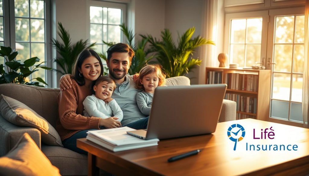 A cozy family home, warmly lit by soft golden sunlight streaming through large windows. In the foreground, a young couple sits together on a plush sofa, their arms wrapped protectively around two small children. The parents' expressions are serene, conveying a sense of security and contentment. In the middle ground, a wooden desk holds several important-looking documents, a laptop, and a stylized life insurance logo. The background features lush, verdant plants and a bookshelf filled with volumes, suggesting an atmosphere of knowledge and stability. The overall scene evokes a feeling of family, care, and thoughtful financial planning for the future. A cozy family home, warmly lit by soft golden sunlight streaming through large windows. In the foreground, a young couple sits together on a plush sofa, their arms wrapped protectively around two small children. The parents' expressions are serene, conveying a sense of security and contentment. In the middle ground, a wooden desk holds several important-looking documents, a laptop, and a stylized life insurance logo. The background features lush, verdant plants and a bookshelf filled with volumes, suggesting an atmosphere of knowledge and stability. The overall scene evokes a feeling of family, care, and thoughtful financial planning for the future.