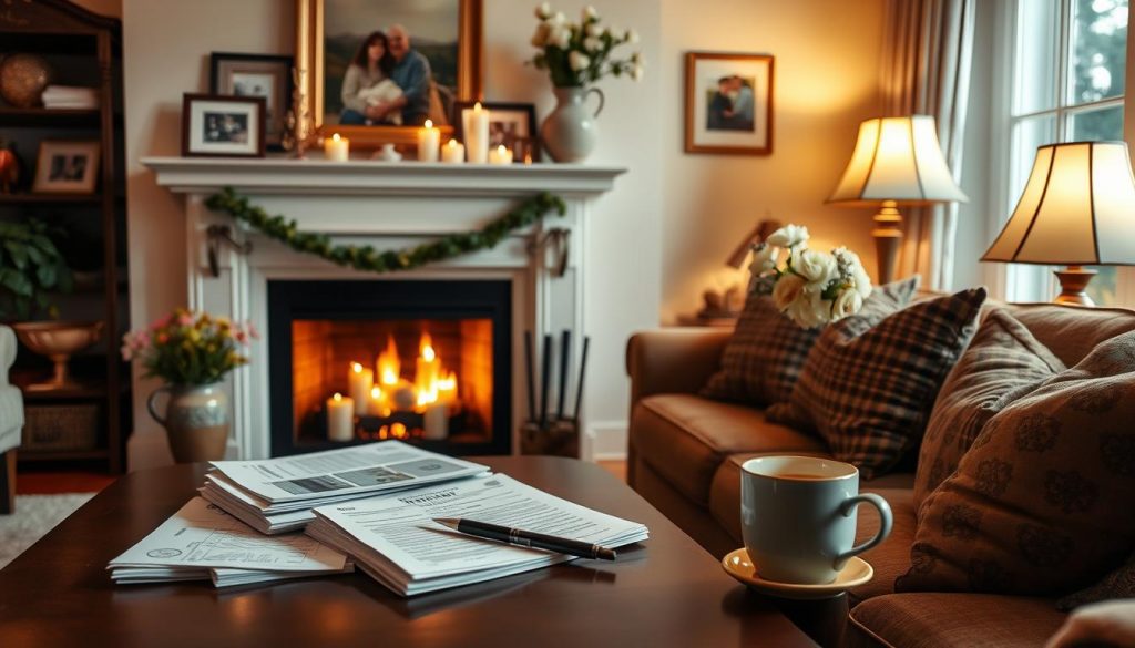 A cozy home interior with a beautifully decorated fireplace mantel, adorned with framed family photos, candles, and an elegant vase of fresh flowers. On the coffee table, there are stacks of financial documents, a pen, and a warm cup of tea, suggesting a peaceful moment of tax-efficient gifting planning. Soft, warm lighting from table lamps and the fireplace creates a welcoming, inviting atmosphere. The overall scene conveys a sense of domestic tranquility and thoughtful financial stewardship.