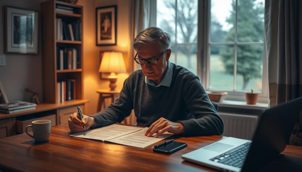 A cozy home office scene, with a middle-aged person sitting at a wooden desk, intently reviewing legal documents. Soft, warm lighting illuminates the space, creating a sense of focus and concentration. On the desk, a pen, a cup of coffee, and a laptop are neatly arranged, suggesting a thoughtful, methodical approach. The background features bookshelves, framed artwork, and a window offering a glimpse of a tranquil outdoor setting, evoking a sense of security and stability. The overall atmosphere conveys the gravity and importance of the task at hand - setting up a lasting power of attorney to ensure their loved one's future well-being.