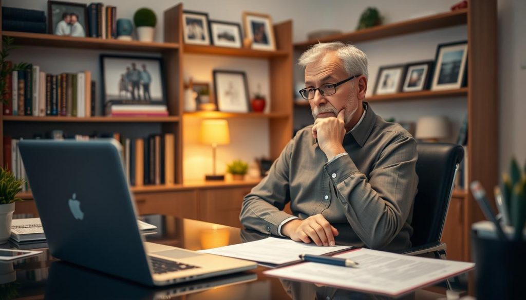 A cozy home office setting, with a well-lit desk displaying a laptop, paperwork, and a pen. In the middle ground, a mature, trustworthy-looking individual sits, deep in thought, contemplating the process of establishing a life insurance trust. The background features shelves filled with books and framed family photographs, conveying a sense of care and responsibility. Soft, warm lighting casts a comforting glow, and the overall atmosphere is one of thoughtful deliberation and careful planning for the family's financial future. A cozy home office setting, with a well-lit desk displaying a laptop, paperwork, and a pen. In the middle ground, a mature, trustworthy-looking individual sits, deep in thought, contemplating the process of establishing a life insurance trust. The background features shelves filled with books and framed family photographs, conveying a sense of care and responsibility. Soft, warm lighting casts a comforting glow, and the overall atmosphere is one of thoughtful deliberation and careful planning for the family's financial future.