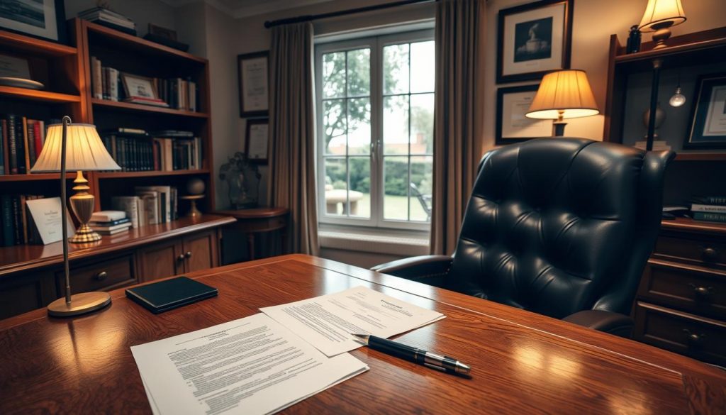 A cozy home office setup, with a polished oak desk and a plush leather chair. On the desk, a stack of legal documents and a pen, symbolizing the process of establishing a property trust. Shelves lining the walls, holding books and framed certificates, conveying a sense of professionalism and expertise. Warm, soft lighting from a desk lamp and floor-standing lamps, creating an inviting atmosphere. Through a window, a picturesque garden visible, hinting at the property being protected by the trust. The overall scene exudes a sense of diligence, security, and attention to detail, reflecting the care and planning required to set up a property trust. A cozy home office setup, with a polished oak desk and a plush leather chair. On the desk, a stack of legal documents and a pen, symbolizing the process of establishing a property trust. Shelves lining the walls, holding books and framed certificates, conveying a sense of professionalism and expertise. Warm, soft lighting from a desk lamp and floor-standing lamps, creating an inviting atmosphere. Through a window, a picturesque garden visible, hinting at the property being protected by the trust. The overall scene exudes a sense of diligence, security, and attention to detail, reflecting the care and planning required to set up a property trust.