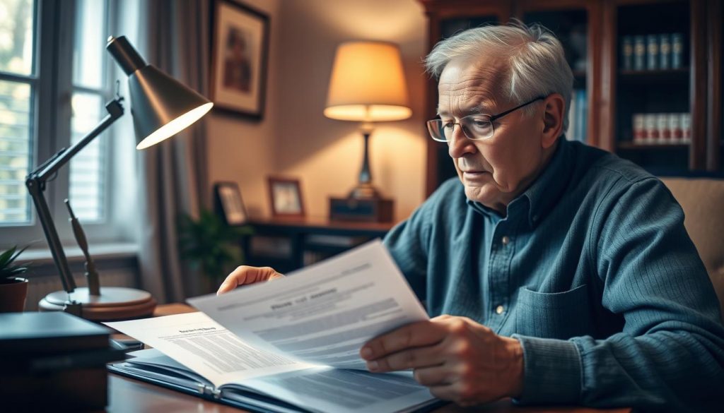 A cozy home office, soft lighting illuminating the desk where an older person is carefully reviewing and updating legal documents - a power of attorney form. Warm wooden accents, a desk lamp casting a gentle glow, and a sense of focus and contemplation in the scene. The subject's facial expression conveys the gravity and importance of the task at hand. The background is slightly blurred, keeping the attention on the central figure and the documents being updated. An atmosphere of responsibility and thoughtful decision-making pervades the image.