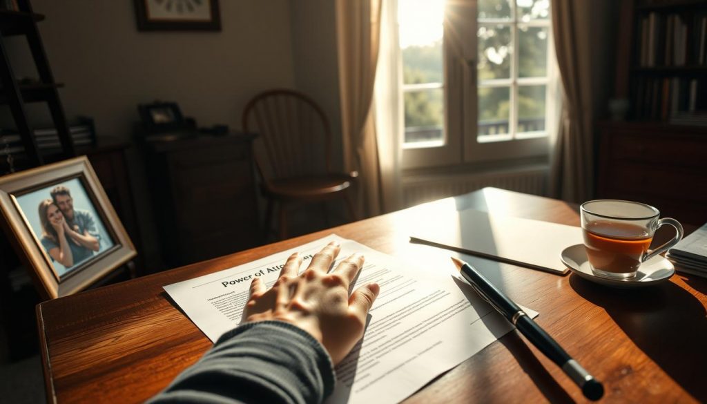 A cozy home office, sunlight streaming through the window, illuminating a wooden desk where a person ponders over legal documents. On the desk, a hand rests on a power of attorney form, contemplating the weighty decision of choosing a trusted representative. The room exudes a sense of quiet deliberation, as the person considers the gravity and responsibility of this choice. Nearby, a family photograph and a cup of tea suggest the personal nature of this decision, one that will impact loved ones. The atmosphere is one of thoughtful consideration, with a touch of warmth and solemnity. A cozy home office, sunlight streaming through the window, illuminating a wooden desk where a person ponders over legal documents. On the desk, a hand rests on a power of attorney form, contemplating the weighty decision of choosing a trusted representative. The room exudes a sense of quiet deliberation, as the person considers the gravity and responsibility of this choice. Nearby, a family photograph and a cup of tea suggest the personal nature of this decision, one that will impact loved ones. The atmosphere is one of thoughtful consideration, with a touch of warmth and solemnity.