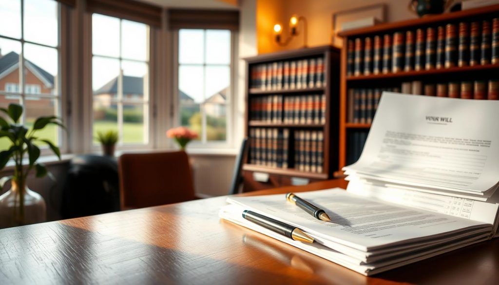 A cozy home office, warm lighting casting soft shadows, a lawyer's desk with a stack of paperwork representing the process of creating a will in the UK. In the foreground, a pen and notebook, symbolizing the legal and personal aspects of estate planning. The middle ground features a bookshelf filled with law volumes, adding an air of professionalism and expertise. Through the window, a peaceful suburban landscape, conveying the sense of security and preparation this process brings. The overall mood is one of diligence, care, and a thoughtful approach to securing one's legacy. A cozy home office, warm lighting casting soft shadows, a lawyer's desk with a stack of paperwork representing the process of creating a will in the UK. In the foreground, a pen and notebook, symbolizing the legal and personal aspects of estate planning. The middle ground features a bookshelf filled with law volumes, adding an air of professionalism and expertise. Through the window, a peaceful suburban landscape, conveying the sense of security and preparation this process brings. The overall mood is one of diligence, care, and a thoughtful approach to securing one's legacy.