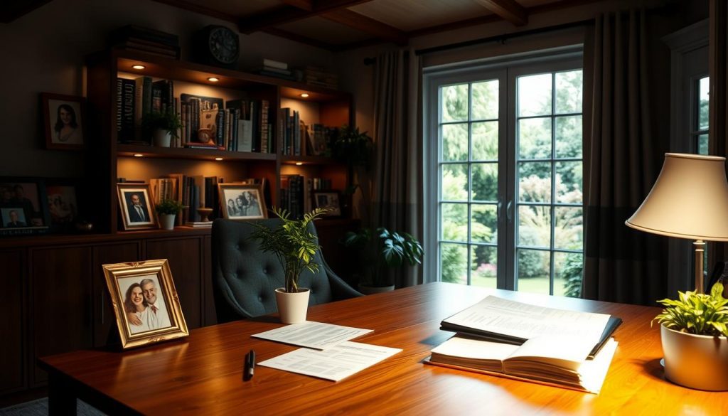 A cozy home office with a warm, inviting atmosphere. In the foreground, a wooden desk displays carefully organized financial documents and a laptop. Framed family portraits and a potted plant add personal touches. The middle ground features bookshelves filled with tax planning resources, casting a soft, ambient glow. In the background, a large window overlooks a lush garden, suggesting the importance of securing one's legacy for future generations. The lighting is a harmonious blend of natural and artificial, creating a contemplative mood suitable for the subject of inheritance tax planning.