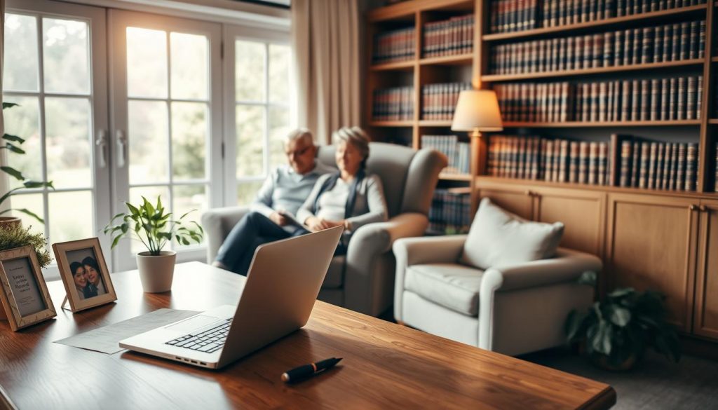 A cozy home office with a warm, soft lighting setting. In the foreground, a wooden desk with a laptop, documents, and a pen. On the desk, a family photo frame and a potted plant. In the middle ground, a pair of spouses sitting on a plush armchair, engaged in a thoughtful discussion. The background features a bookshelf filled with legal volumes and a large window overlooking a serene garden. The overall atmosphere conveys a sense of trust, financial security, and estate planning.