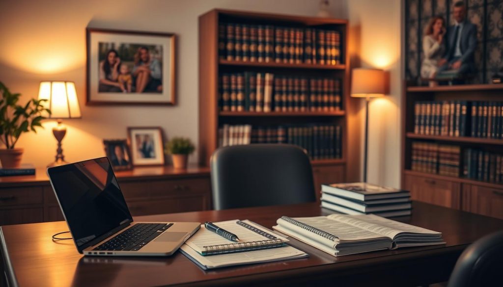 A cozy home office with a well-organized desk, featuring a laptop, planner, and carefully arranged legal documents. Soft, warm lighting casts a comforting glow, while a bookshelf in the background holds volumes on estate planning and financial management. The walls are adorned with family portraits, creating a sense of personal connection and responsibility. The overall atmosphere conveys a thoughtful, secure, and diligent approach to safeguarding one's family's future. A cozy home office with a well-organized desk, featuring a laptop, planner, and carefully arranged legal documents. Soft, warm lighting casts a comforting glow, while a bookshelf in the background holds volumes on estate planning and financial management. The walls are adorned with family portraits, creating a sense of personal connection and responsibility. The overall atmosphere conveys a thoughtful, secure, and diligent approach to safeguarding one's family's future.