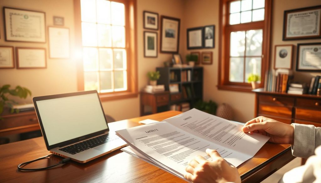A cozy home office with a wooden desk, a laptop, and a stack of legal documents. The room is bathed in warm, natural lighting streaming through large windows, casting a soft glow on the scene. The walls are adorned with framed certificates and diplomas, conveying a sense of professionalism and expertise. In the foreground, a person's hands are carefully reviewing the documents, reflecting the importance and legal validity of online estate planning. The overall atmosphere is one of trust, security, and attention to detail, capturing the essence of the "Secure Your Family's Future with Our Online Estate Planning" article. A cozy home office with a wooden desk, a laptop, and a stack of legal documents. The room is bathed in warm, natural lighting streaming through large windows, casting a soft glow on the scene. The walls are adorned with framed certificates and diplomas, conveying a sense of professionalism and expertise. In the foreground, a person's hands are carefully reviewing the documents, reflecting the importance and legal validity of online estate planning. The overall atmosphere is one of trust, security, and attention to detail, capturing the essence of the "Secure Your Family's Future with Our Online Estate Planning" article.