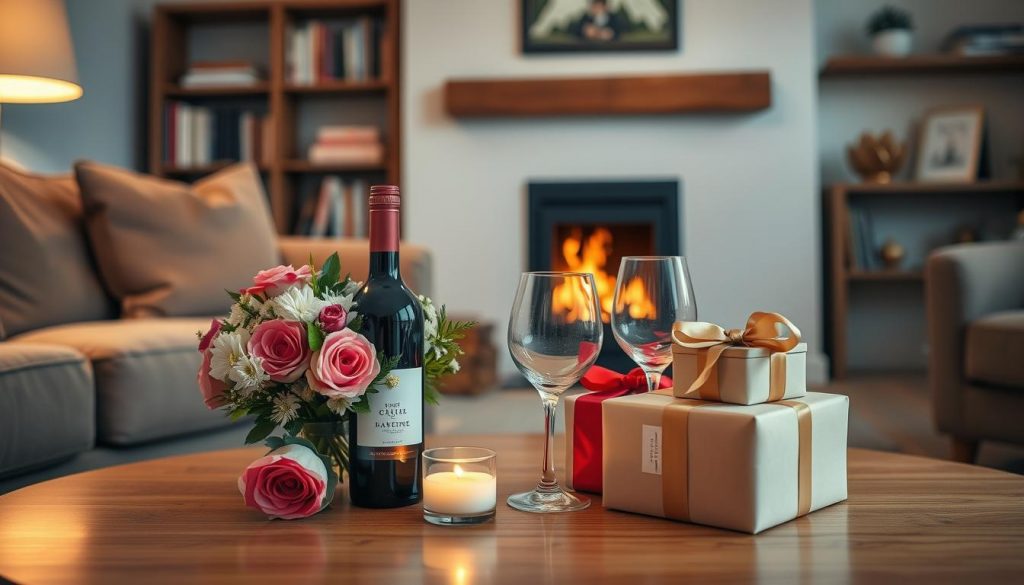 A cozy living room scene, bathed in warm, diffused lighting. On the coffee table, an assortment of thoughtful gifts: a bouquet of fresh flowers, a bottle of fine wine, a set of elegant glassware, and a beautifully wrapped box. In the background, a stylish bookshelf and a fireplace with a crackling fire. The overall atmosphere exudes a sense of comfort, generosity, and the thoughtful consideration of meaningful gestures within the bounds of permissible gifting rules.