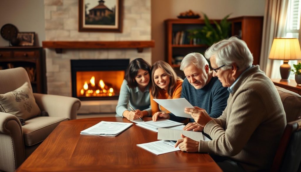 A cozy living room with plush armchairs and a crackling fireplace in the background. In the foreground, a family gathered around a wooden table, carefully reviewing financial documents and discussing estate planning strategies. Warm lighting casts a soft glow, conveying a sense of security and thoughtful deliberation. The composition emphasizes the importance of family, financial responsibility, and long-term planning, capturing the essence of "tax-efficient estate planning" as a means to protect one's loved ones' future.
