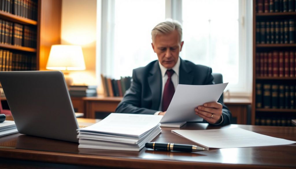 A cozy office setting, illuminated by warm, soft lighting. A wooden desk with a laptop, a stack of documents, and a pen stand in the foreground. In the middle ground, a mature, professional-looking person in formal attire sits contemplatively, carefully reviewing the legal documents before them. The background features a bookshelf filled with legal tomes, suggesting an atmosphere of expertise and authority. The overall mood is one of thoughtful consideration, conveying the importance and gravity of the Lasting Power of Attorney eligibility process. A cozy office setting, illuminated by warm, soft lighting. A wooden desk with a laptop, a stack of documents, and a pen stand in the foreground. In the middle ground, a mature, professional-looking person in formal attire sits contemplatively, carefully reviewing the legal documents before them. The background features a bookshelf filled with legal tomes, suggesting an atmosphere of expertise and authority. The overall mood is one of thoughtful consideration, conveying the importance and gravity of the Lasting Power of Attorney eligibility process.