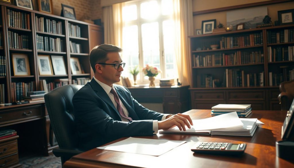 A cozy office setting with a large wooden desk, shelves filled with books, and a warm, inviting atmosphere. On the desk, a stack of documents and a calculator, symbolizing the process of calculating tax relief for charitable donations. A well-dressed individual, possibly an accountant or financial advisor, sits at the desk, deep in thought, contemplating the paperwork. Sunlight filters through the window, casting a soft, golden glow on the scene. The overall mood is one of professionalism, attention to detail, and a commitment to guiding individuals through the complexities of inheritance tax relief for charitable donations.