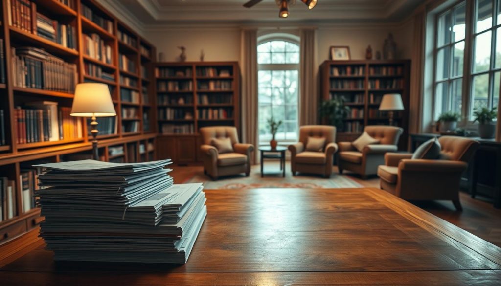 A cozy study filled with the trappings of financial security. In the foreground, a warm, wooden desk supports a stack of documents and a laptop, casting a soft glow. Bookshelves line the walls, their spines hinting at the wealth of knowledge within. Soft, indirect lighting creates a sense of tranquility, while large windows allow natural light to flood the space. Plush armchairs and a Persian rug suggest a place of comfort and contemplation, where the benefits of a well-managed trust fund can be fully appreciated. The overall atmosphere conveys a feeling of stability, prosperity, and the peace of mind that comes with financial planning.