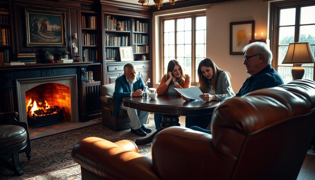 A cozy study filled with the warm glow of a fireplace, where a family gathers around a polished wooden table, examining documents and discussing the benefits of a discretionary trust. Soft lighting casts gentle shadows, creating an atmosphere of thoughtful contemplation. In the foreground, a well-worn leather armchair invites relaxation, while the background features bookshelves brimming with knowledge. The scene evokes a sense of financial security and familial unity, with the discretionary trust serving as a safeguard for the family's assets. A cozy study filled with the warm glow of a fireplace, where a family gathers around a polished wooden table, examining documents and discussing the benefits of a discretionary trust. Soft lighting casts gentle shadows, creating an atmosphere of thoughtful contemplation. In the foreground, a well-worn leather armchair invites relaxation, while the background features bookshelves brimming with knowledge. The scene evokes a sense of financial security and familial unity, with the discretionary trust serving as a safeguard for the family's assets.