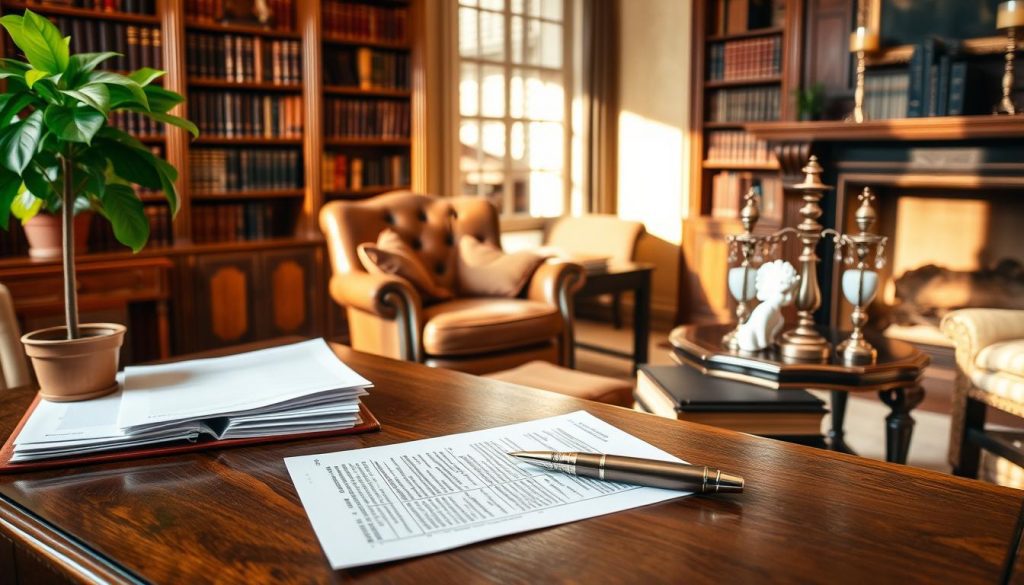 A cozy study filled with thoughtful, tax-efficient gift ideas. In the foreground, a handsome wooden desk with an elegant silver fountain pen, a stack of neatly organized financial documents, and a small potted plant casting soft shadows. The middle ground showcases an heirloom armchair and a side table displaying a selection of carefully chosen items - a fine leather-bound book, a delicate porcelain figurine, and a set of antique silver candlesticks. The background features a bookshelf filled with leather-bound volumes, a warm fireplace casting a flickering glow, and a large window letting in soft, natural light. The overall mood is one of refined elegance, financial prudence, and timeless generosity.