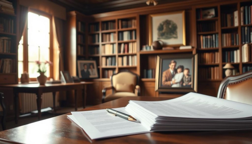 A cozy study filled with warm, earthy tones. On the desk, a stack of documents and a pen, hinting at the task of inheritance tax planning. In the foreground, a family portrait, a reminder of the importance of protecting one's legacy. Soft, natural lighting filters through the window, creating a contemplative atmosphere. Bookcases line the walls, speaking to the depth of knowledge required for effective estate planning. The scene conveys a sense of thoughtfulness and care, essential for minimizing the impact of inheritance taxes and ensuring a smooth transition of wealth to future generations. A cozy study filled with warm, earthy tones. On the desk, a stack of documents and a pen, hinting at the task of inheritance tax planning. In the foreground, a family portrait, a reminder of the importance of protecting one's legacy. Soft, natural lighting filters through the window, creating a contemplative atmosphere. Bookcases line the walls, speaking to the depth of knowledge required for effective estate planning. The scene conveys a sense of thoughtfulness and care, essential for minimizing the impact of inheritance taxes and ensuring a smooth transition of wealth to future generations.