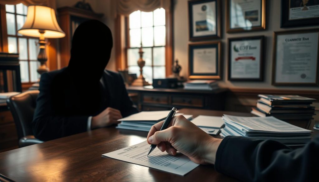 A cozy study scene with a large oak desk, a banker's lamp casting a warm glow, and stacks of financial documents. In the foreground, a pair of hands carefully fill out a donation form, the donor's face obscured in shadow. Framed certificates and tax documents hang on the wall, hinting at the potential tax benefits of charitable giving. The atmosphere is one of contemplation and purposeful action, reflecting the thoughtful consideration of one's estate planning and the desire to make a positive impact.