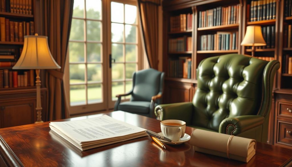 A cozy study with a large mahogany desk, a green leather armchair, and bookshelves lining the walls. Soft, warm lighting illuminates the space, creating an inviting atmosphere. On the desk, a stack of legal documents and a quill pen rest beside a cup of steaming tea. Through the window, a verdant estate landscape comes into view, hinting at the importance of the task at hand. The scene conveys a sense of thoughtful consideration and attention to detail, perfectly capturing the essence of estate planning. A cozy study with a large mahogany desk, a green leather armchair, and bookshelves lining the walls. Soft, warm lighting illuminates the space, creating an inviting atmosphere. On the desk, a stack of legal documents and a quill pen rest beside a cup of steaming tea. Through the window, a verdant estate landscape comes into view, hinting at the importance of the task at hand. The scene conveys a sense of thoughtful consideration and attention to detail, perfectly capturing the essence of estate planning.