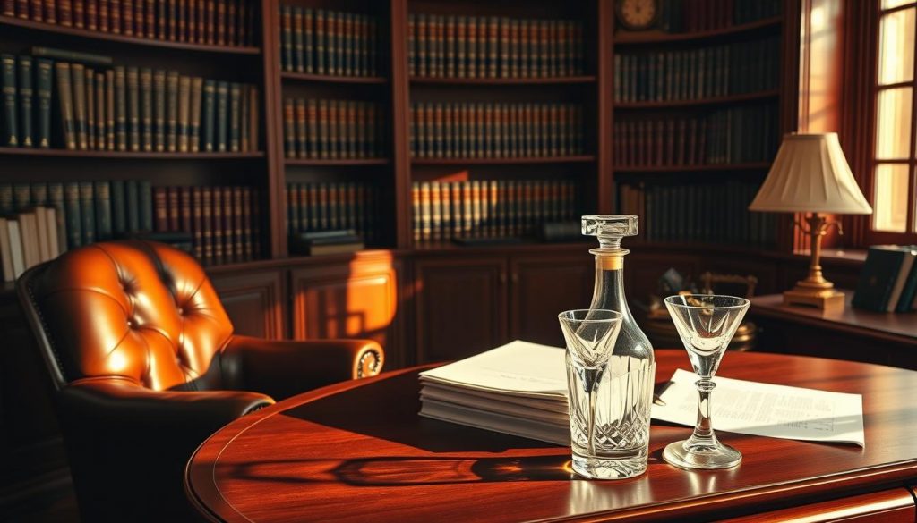 A cozy study with a large mahogany desk, a leather armchair, and a bookshelf filled with tomes on finance and law. The room is bathed in warm, soft lighting, creating a sense of sophistication and authority. On the desk, a stack of documents and a brass desk lamp cast long shadows, hinting at the complex intricacies of trust fund management. In the foreground, a crystal decanter and two glasses stand ready, suggesting the deliberate and measured nature of important discussions. The scene evokes a sense of trust, security, and the weight of responsibility inherent in the world of inheritance and wealth preservation.