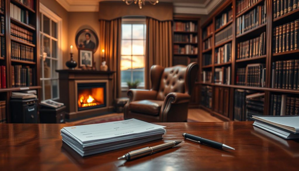 A cozy study with a warm, inviting atmosphere. In the foreground, a stack of charity donation envelopes and a pen sit on a polished wooden desk. In the middle ground, a large leather armchair faces a crackling fireplace, casting a soft, golden glow. Behind, tall bookshelves line the walls, filled with volumes on tax law and estate planning. Through a window, the evening sky is tinged with hues of amber and lavender, hinting at the sunset outside. The composition conveys a sense of thoughtful consideration, as if the viewer is contemplating the intricacies of charitable giving and inheritance tax.