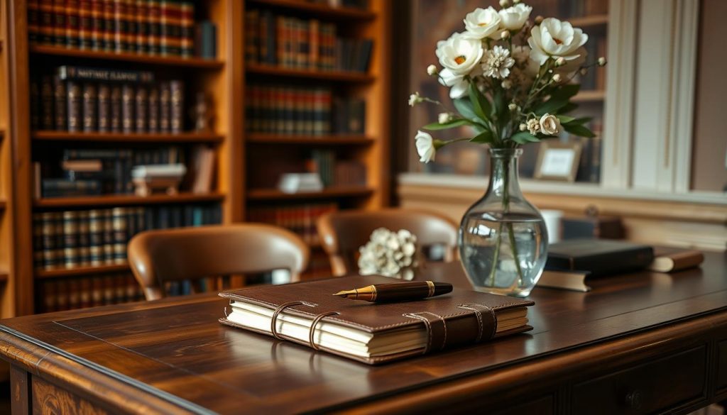 A cozy study with a warm, inviting atmosphere. On a sturdy wooden desk, an assortment of carefully selected estate planning gifts takes center stage: a leather-bound notebook, a well-crafted fountain pen, and a delicate floral arrangement in an elegant vase. Soft, directional lighting casts a gentle glow, highlighting the intricate details of the items. In the background, bookshelves filled with volumes on financial planning and inheritance law provide a sense of expertise and authority. The overall scene conveys a sense of thoughtfulness, preparation, and the importance of making informed decisions when it comes to one's legacy.