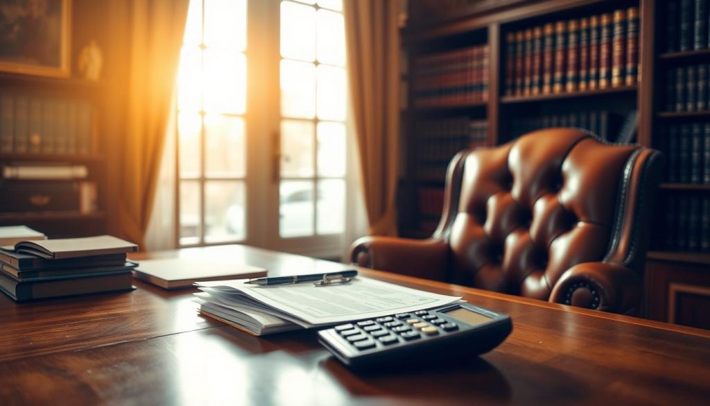 A cozy study with a wooden desk and a leather armchair, bathed in warm, diffused lighting. On the desk, a stack of documents and a calculator, hinting at the complex task of calculating inheritance tax. In the background, a bookshelf filled with law volumes, creating an atmosphere of professional diligence. The scene is captured with a shallow depth of field, keeping the desk and its contents in sharp focus, while the surroundings gently blur, directing the viewer's attention to the task at hand.