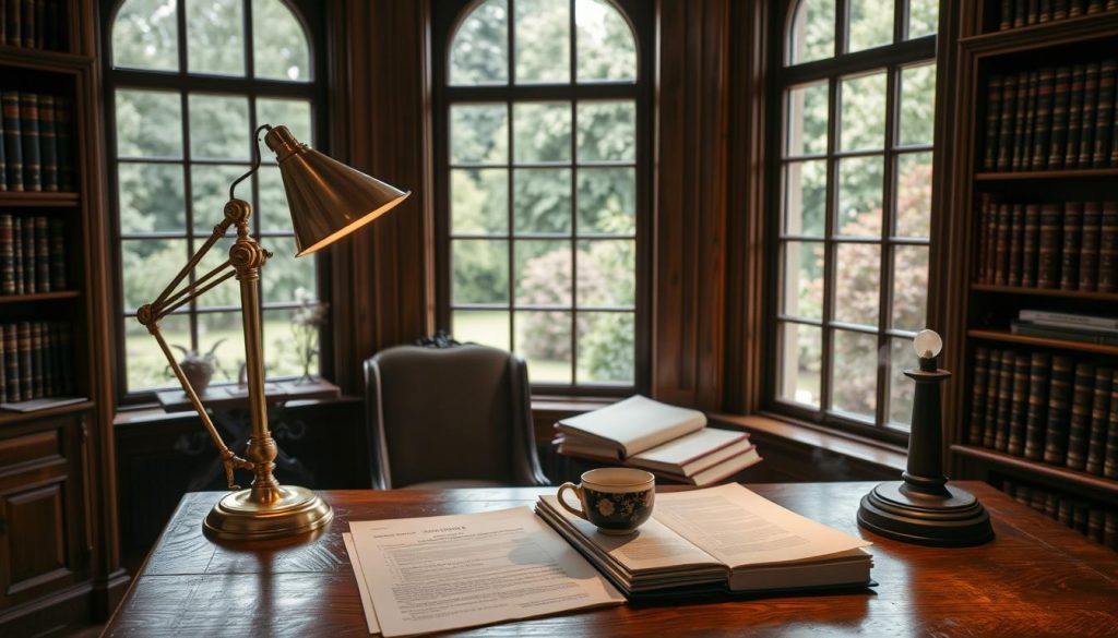A cozy study with an antique oak desk, a brass desk lamp casting a warm glow, and a large window overlooking a lush garden. On the desk, a stack of legal documents and a cup of steaming tea, hinting at the serious yet thoughtful process of navigating inheritance tax exemptions. The walls are lined with bookshelves filled with leather-bound volumes, exuding an air of scholarly expertise. The overall atmosphere is one of quiet contemplation and attention to detail, reflecting the importance of the subject matter.