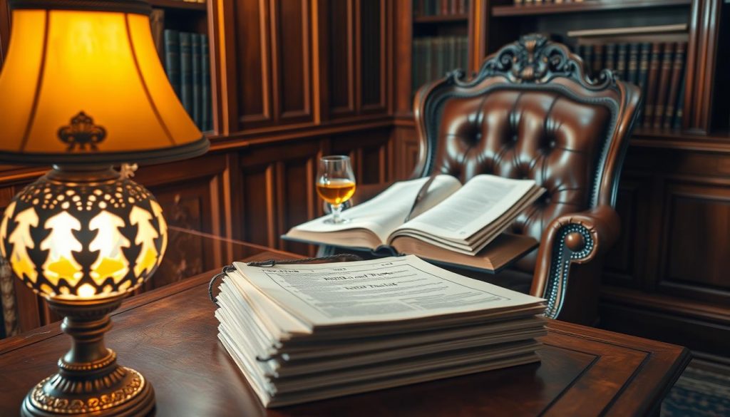 A cozy study with an ornate, mahogany desk and a plush, leather armchair. On the desk, an open book and a quill sit next to a glass of brandy, casting a warm, golden glow. In the foreground, a decorative table lamp illuminates a stack of legal documents labeled "RNRB and Trusts". The walls are lined with mahogany bookshelves, creating a sense of timeless sophistication. Soft, ambient lighting filters through the room, casting gentle shadows and highlights, conveying a atmosphere of contemplation and scholarly pursuit. A cozy study with an ornate, mahogany desk and a plush, leather armchair. On the desk, an open book and a quill sit next to a glass of brandy, casting a warm, golden glow. In the foreground, a decorative table lamp illuminates a stack of legal documents labeled "RNRB and Trusts". The walls are lined with mahogany bookshelves, creating a sense of timeless sophistication. Soft, ambient lighting filters through the room, casting gentle shadows and highlights, conveying a atmosphere of contemplation and scholarly pursuit.