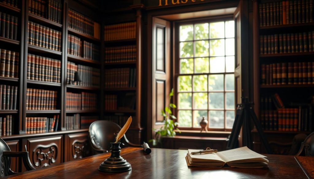 A cozy study with floor-to-ceiling bookshelves, filled with leather-bound volumes on estate planning and trust law. A desk in the foreground, adorned with a quill, ink well, and a stack of documents. Warm, indirect lighting casts a soft glow, creating an atmosphere of thoughtful contemplation. In the background, a window overlooking a lush, verdant garden, hinting at the importance of passing on wealth and legacy. The scene conveys the gravitas and complexity of trust and inheritance tax planning, essential for unmarried couples seeking to secure their financial future.