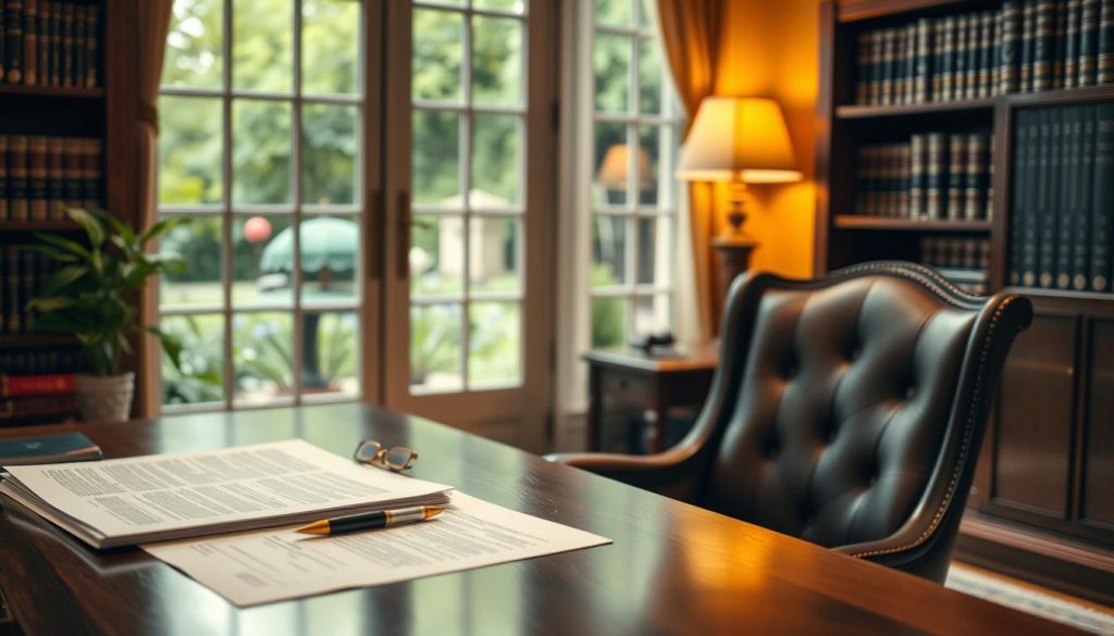 A cozy study with warm lighting, a large wooden desk, and a comfortable chair. On the desk, a stack of documents and a pen, symbolizing the careful planning and attention to detail required for inheritance tax management. In the background, a bookshelf filled with legal volumes and a window overlooking a lush, green garden, representing the family-focused nature of the topic. The overall atmosphere conveys a sense of professionalism, thoughtfulness, and the importance of preserving one's legacy for future generations.