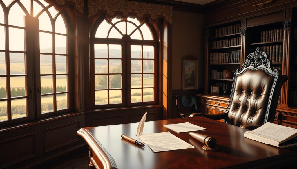 A cozy, sunlit home office with mahogany bookshelves, an ornate wooden desk, and a high-backed leather chair. A large window overlooks a well-manicured estate, with rolling hills and a distant manor in the background. The lighting is soft and warm, creating a contemplative atmosphere. Strategically placed documents, a quill pen, and a wax seal suggest the act of estate planning. The overall scene conveys the sense of a legacy being thoughtfully preserved for future generations. A cozy, sunlit home office with mahogany bookshelves, an ornate wooden desk, and a high-backed leather chair. A large window overlooks a well-manicured estate, with rolling hills and a distant manor in the background. The lighting is soft and warm, creating a contemplative atmosphere. Strategically placed documents, a quill pen, and a wax seal suggest the act of estate planning. The overall scene conveys the sense of a legacy being thoughtfully preserved for future generations.